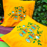 Craftooba Hand-Embroidered Cotton Cushion Covers Set of 2 | Bird & Birdcage Artisan Embroidery | Mustard Yellow | Craftooba