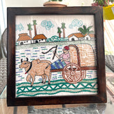 Hand-Embroidered Kantha Art Frame – Bullock Cart Village Scene