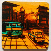 Craftooba Hand-Painted Kolkata Cityscape Square Fridge Magnets – Iconic Yellow Taxi, Bus & Tram Urban Art Accents