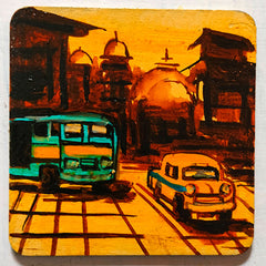 Craftooba Hand-Painted Kolkata Cityscape Square Fridge Magnets – Iconic Yellow Taxi, Bus & Tram Urban Art Accents