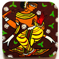 Title Craftooba Hand-Painted Traditional Bengali Cultural Art Square Fridge Magnets– Classical Dancer & Ektara Musician with Script Accents