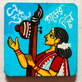 Title Craftooba Hand-Painted Traditional Bengali Cultural Art Square Fridge Magnets– Classical Dancer & Ektara Musician with Script Accents