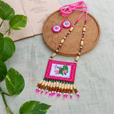 Craftooba Champa (Pink) — Hand Embroidered Floral Statement Necklace with Matching Studs
