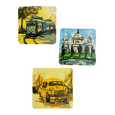 Craftooba Hand-Painted Kolkata Cityscape Fridge Magnets (Set of 3) – Iconic Yellow Taxi, Tram & Victoria Memorial Decorative Art