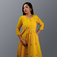 Yellow Jamdani Dress with Lace Detailing