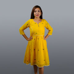 Yellow Jamdani Dress with Lace Detailing