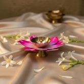 Craftooba Lotus Brass Diya with Pink Petals Single Pack Premium Decorative Diya for Diwali, Navratri, Dussehra & Pooja | Ideal Gifting Option