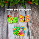 Craftooba Hand-Carved & Hand-Painted Wooden Nature-Inspired Fridge Magnets (Set of 3) – Parrot, Butterfly & Peacock Decorative Accents