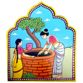 Wooden Hand painted and hand crafted decorative wall plates of A woman infront of a well | wall hangings | wall decor | Home Decor | Office Decor |