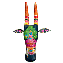 Craftooba Cow Head Wall Decor – Hand Painted Wooden Nandi Head, Blue Radha Krishna, 18 Inch – Symbol of Prosperity for Living Room & Puja Room,Entrance,Ready to Hang