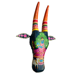 Craftooba Cow Head Wall Decor – Hand Painted Wooden Nandi Head, Blue Radha Krishna, 18 Inch – Symbol of Prosperity for Living Room & Puja Room,Entrance,Ready to Hang