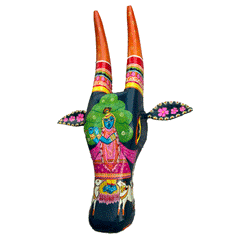 Craftooba Cow Head Wall Decor – Hand Painted Wooden Nandi Head, Blue Radha Krishna, 18 Inch – Symbol of Prosperity for Living Room & Puja Room,Entrance,Ready to Hang