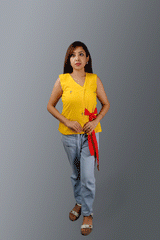 Yellow Jamdani Sleeveless Top with red belt