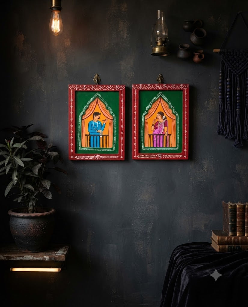 Handmade Traditional Babu Bibi In Balcony Jharokha Painting Set | Folk Art Wall Decor