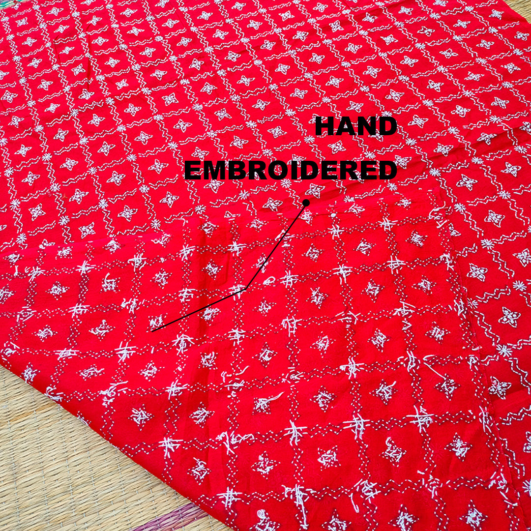 Red Kantha Hand Embroidered Blouse Material – Crafted by Women Artisans of Bengal | Blouse Piece | Blouse | Embroidered | Hand Embroidered Blouse Piece |