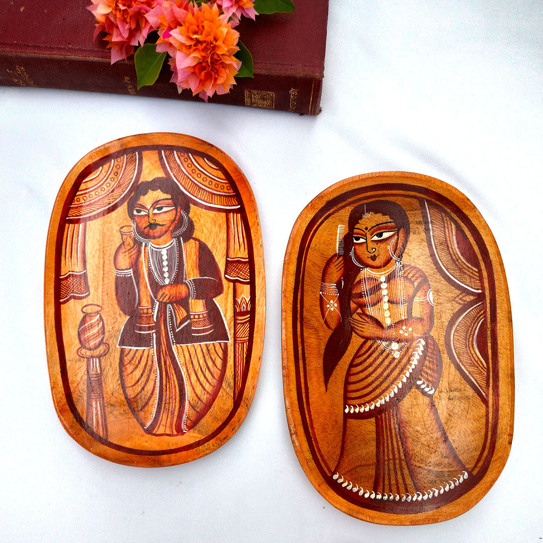 Craftooba Handcrafted Set of 2 Wooden Trays with Kalighat Patachitra – Babu & Bibi Design | Trays | Wooden Tray | Handpainted Trays | Decorative Trays | Serving Tray | Table Top | Decor |