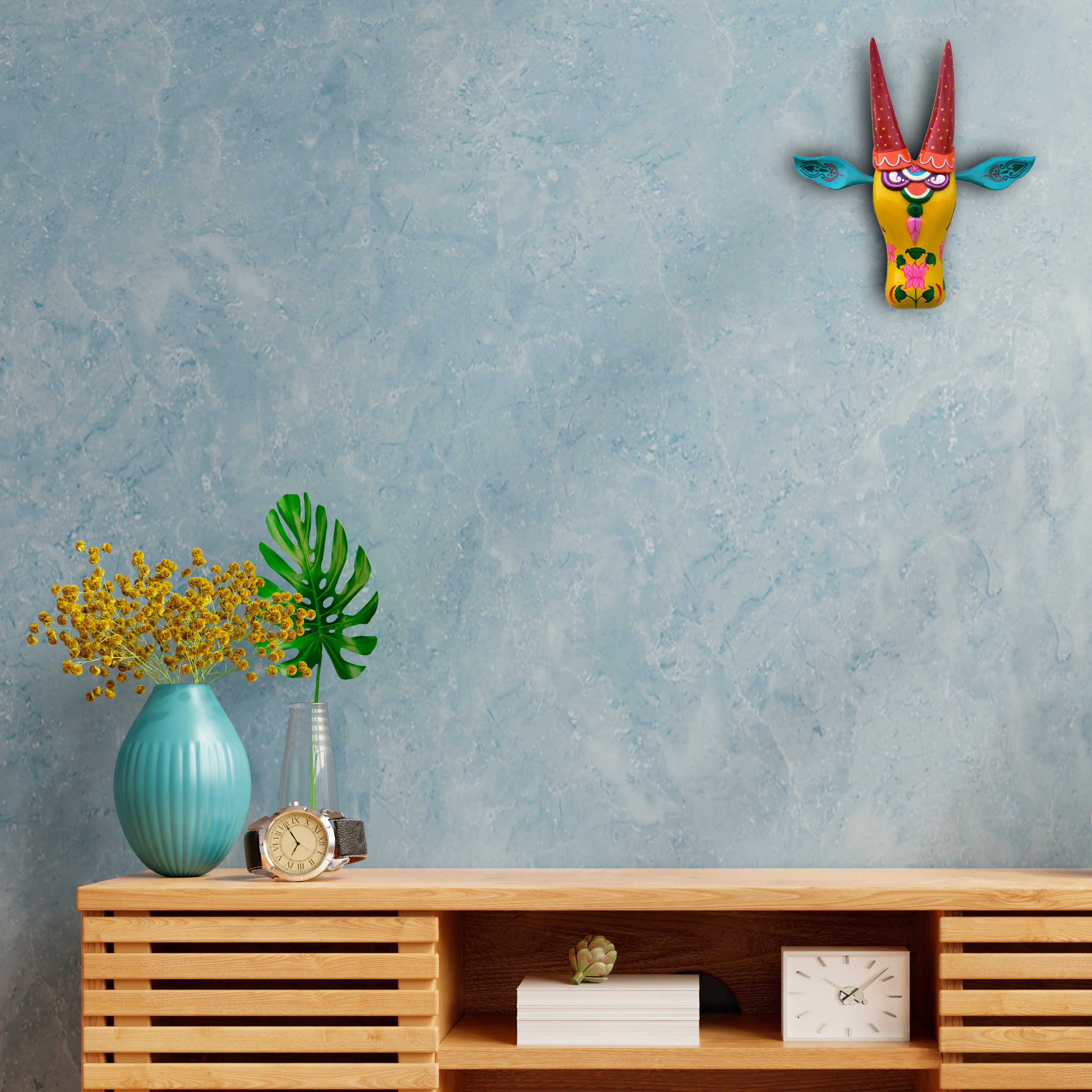 Hand-Carved & Hand-Painted Wooden Cow Head | 15 Inches | Vastu Positive Decor | Oachira Festival Inspired