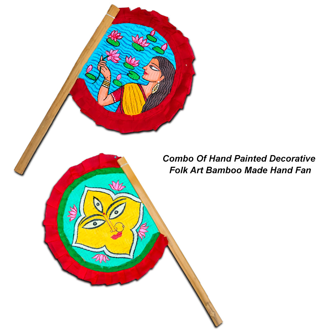 Craftooba Hand Painted Bengali Haat Pakha Set of 2 – Women with Lotus and Godess Durga Folk Art Bamboo Hand Fans for Wedding, Puja & Wall Decor