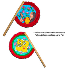 Craftooba Hand Painted Bengali Haat Pakha Set of 2 – Women with Lotus and Godess Durga Folk Art Bamboo Hand Fans for Wedding, Puja & Wall Decor