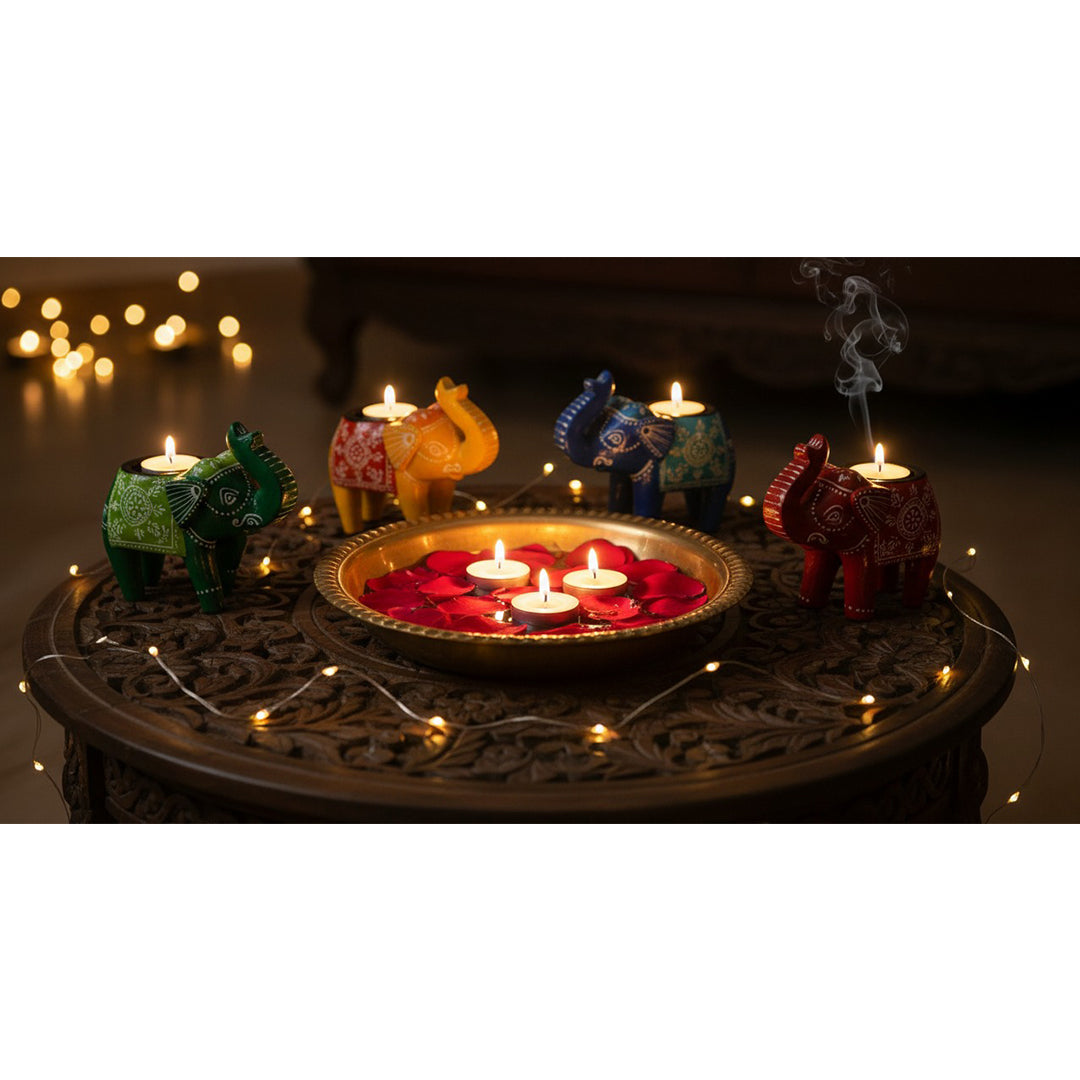 Craftooba Wooden Elephant T-Light Candle Holders  SET OF 4– Handcrafted Elegance for Festive Glow