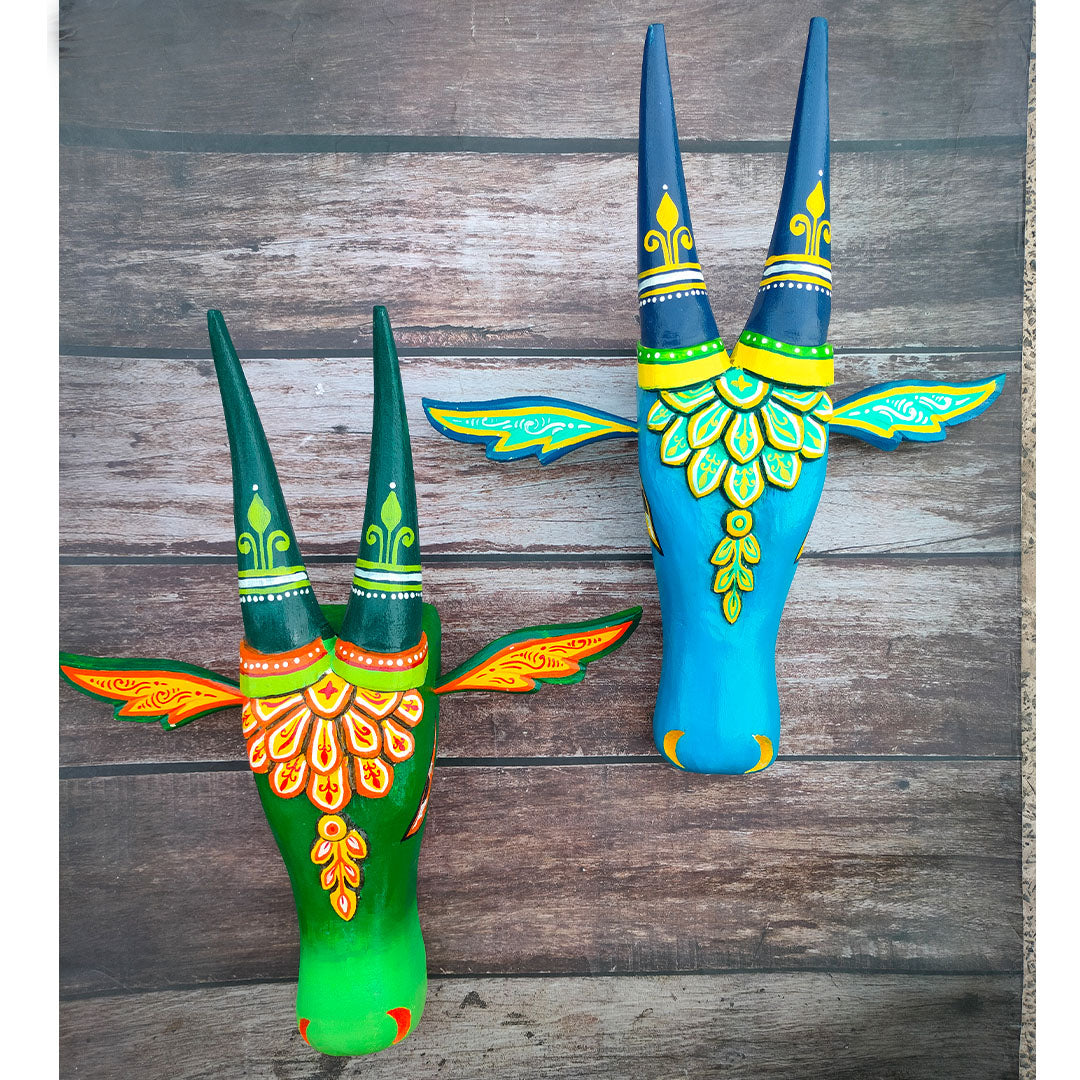 Craftooba Cow Head Wall Decor Set Of 2 – Hand Painted Wooden Nandi Head, Dual Tone Green & Blue, 15 Inch – Symbol of Prosperity for Living Room & Puja Room, Entrance,Ready to Hang