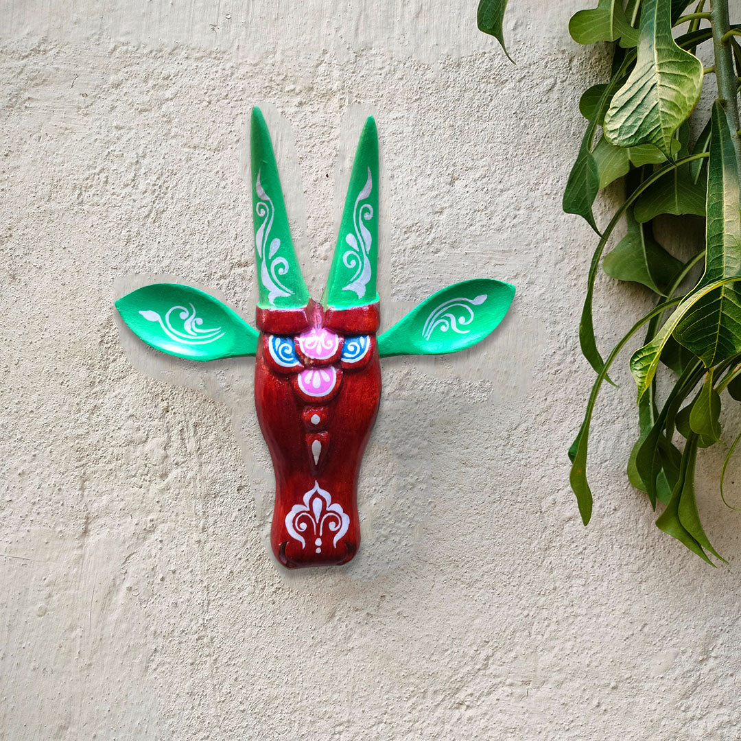 Hand-Painted Wooden Cow Head Wall Decor | Oachira Festival Inspired | Vastu Positive Decor | 10 Inches