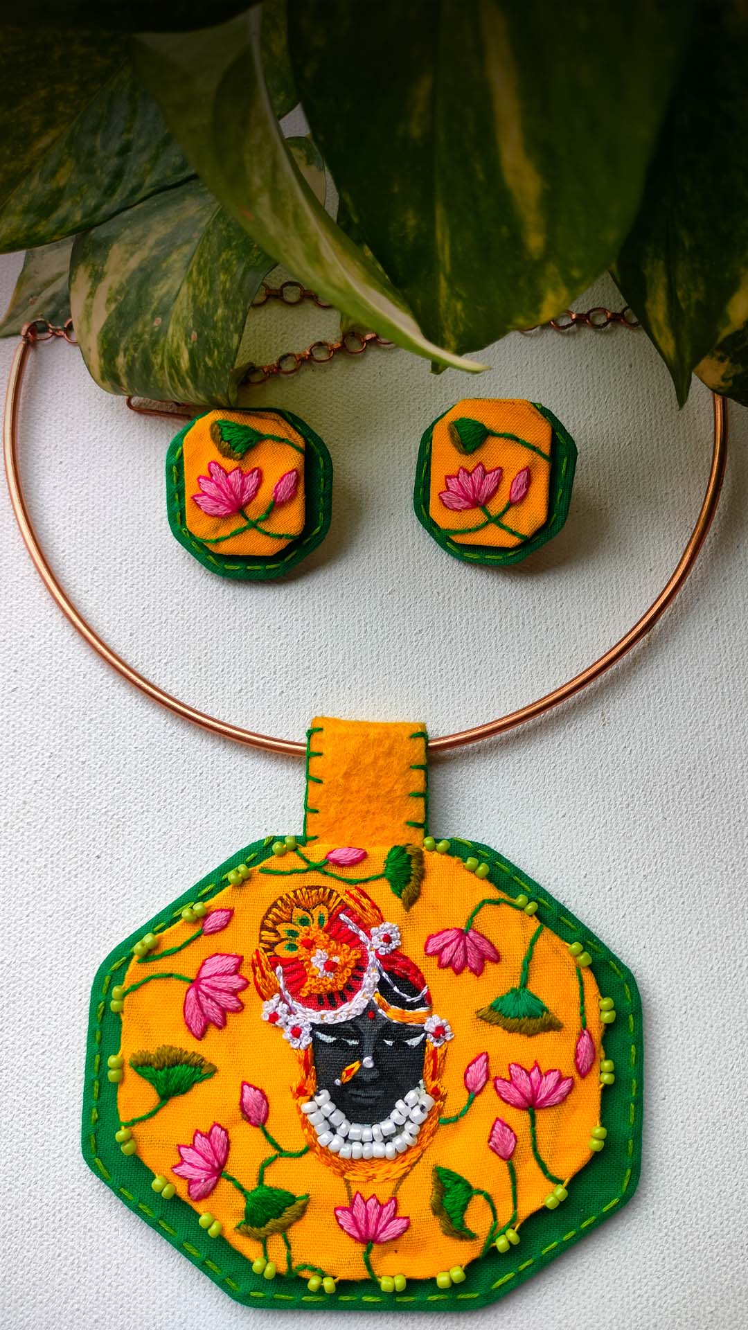 Pichwai Prerna – Hand Painted Shrinathji Necklace with Copper Hasuli | Artisan Hand Embroidered Pichwai Jewellery Set