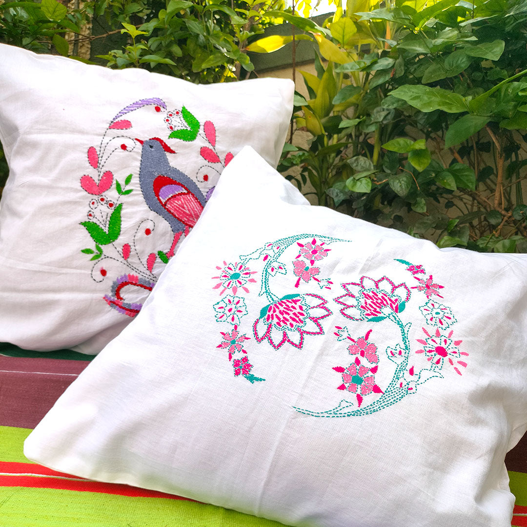 Kantha Hand Embroidered Cushion Covers – 100% Cotton | Set of 2 | Craftooba