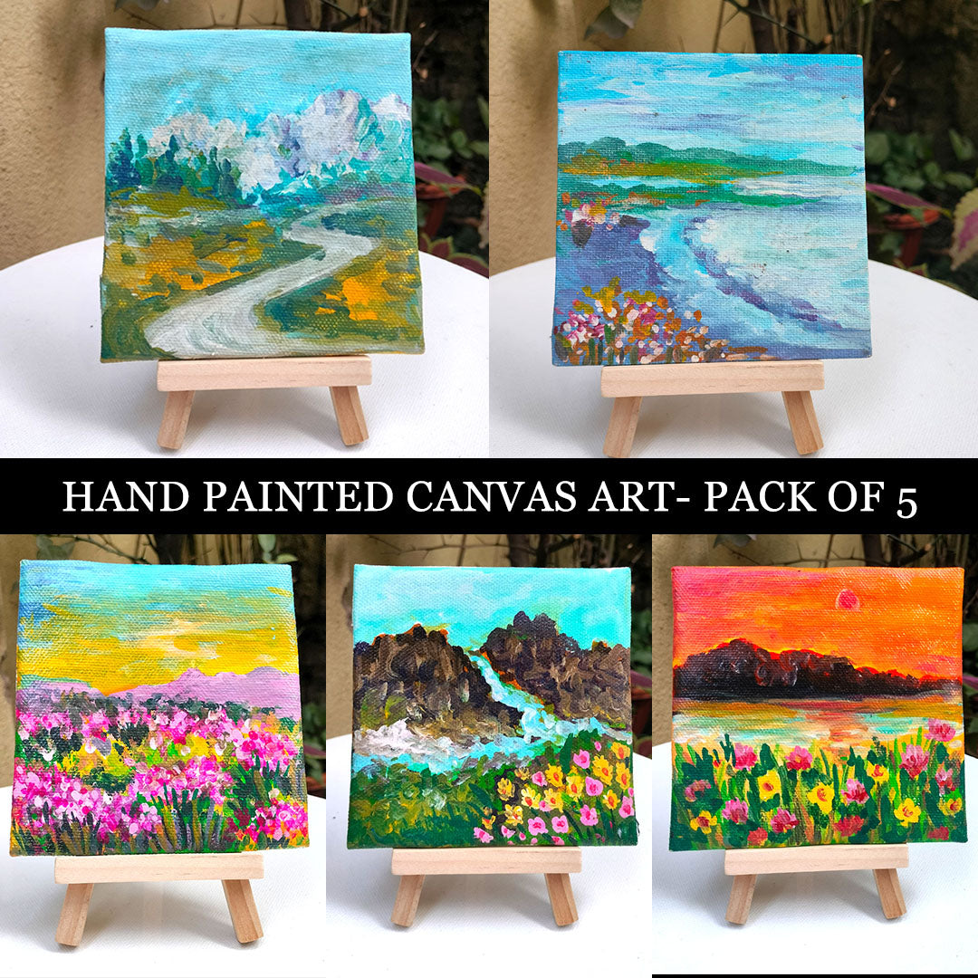 Craftooba Hand-Painted Mini Canvas Art Pack Of 5 | Hand Painted Canvas | Pack of 5 | Gift |