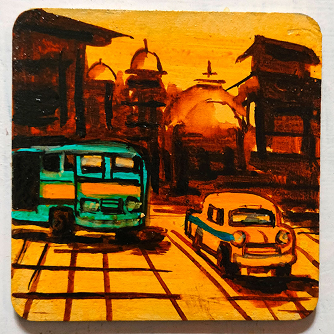 Craftooba Hand-Painted Kolkata Cityscape Square Fridge Magnets – Iconic Yellow Taxi, Bus & Tram Urban Art Accents