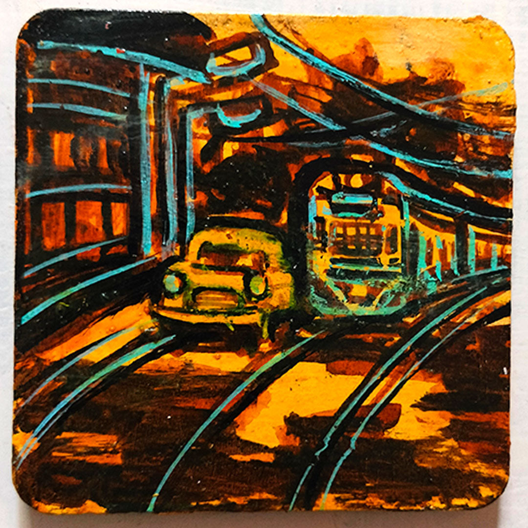 Craftooba Hand-Painted Kolkata Cityscape Square Fridge Magnets – Iconic Yellow Taxi, Bus & Tram Urban Art Accents