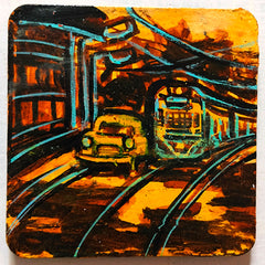 Craftooba Hand-Painted Kolkata Cityscape Square Fridge Magnets – Iconic Yellow Taxi, Bus & Tram Urban Art Accents