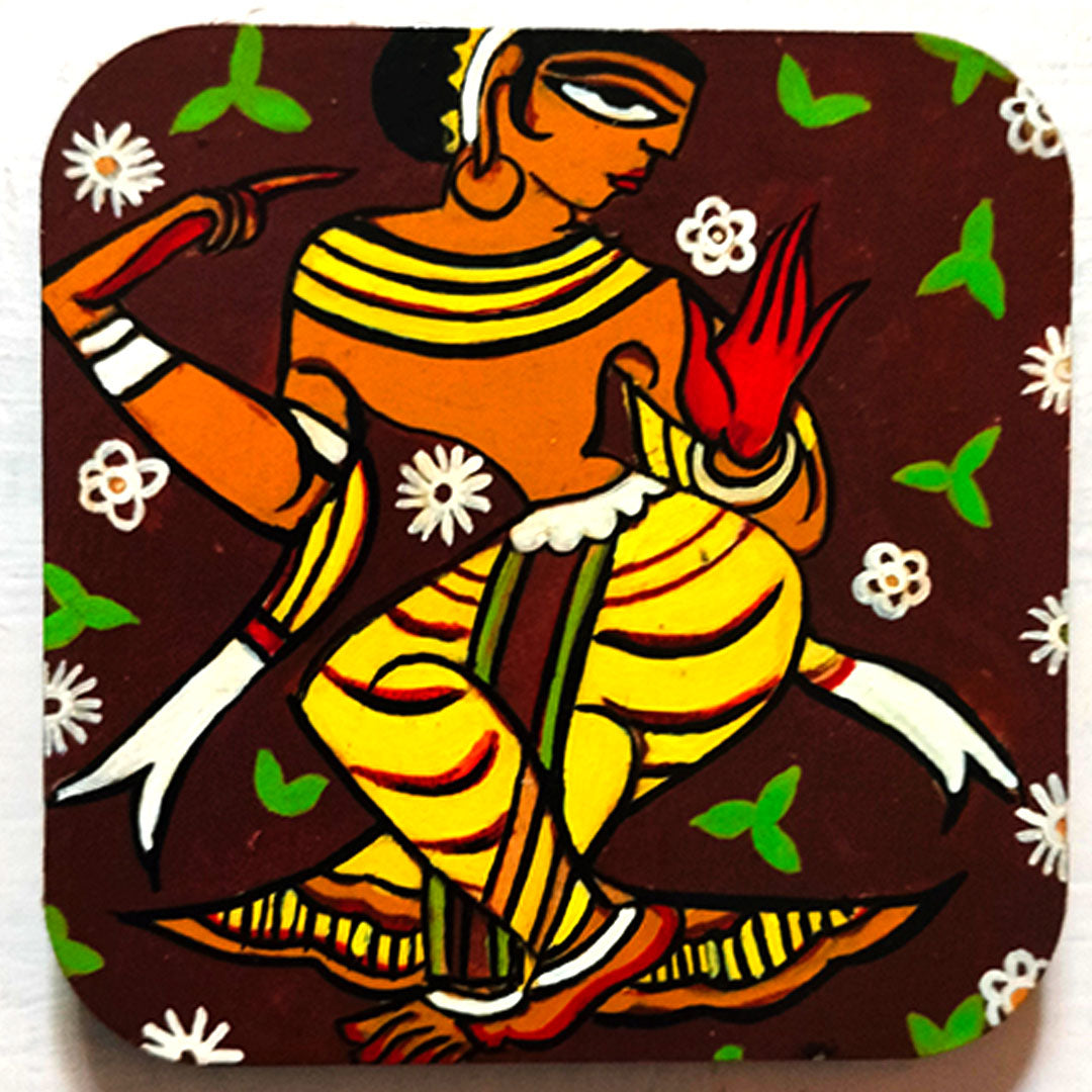 Title  Craftooba Hand-Painted Traditional Bengali Cultural Art Square Fridge Magnets– Classical Dancer & Ektara Musician with Script Accents