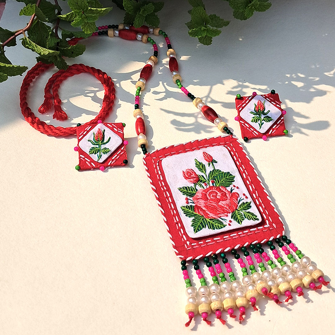 Craftooba Phool Sutra — Gulabo | Hand-Embroidered Rose Necklace & Star Set