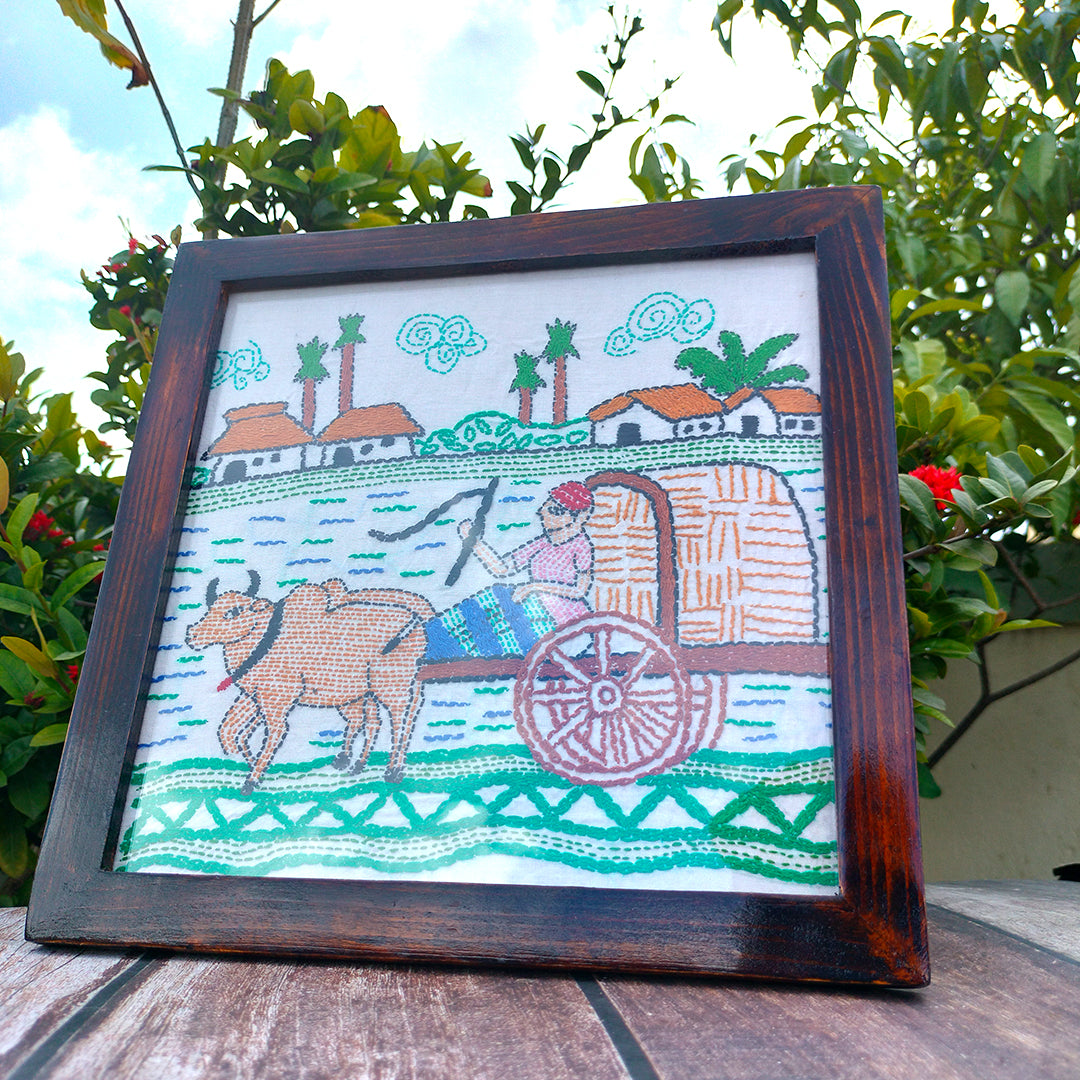 Hand-Embroidered Kantha Art Frame – Bullock Cart Village Scene