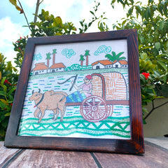 Hand-Embroidered Kantha Art Frame – Bullock Cart Village Scene