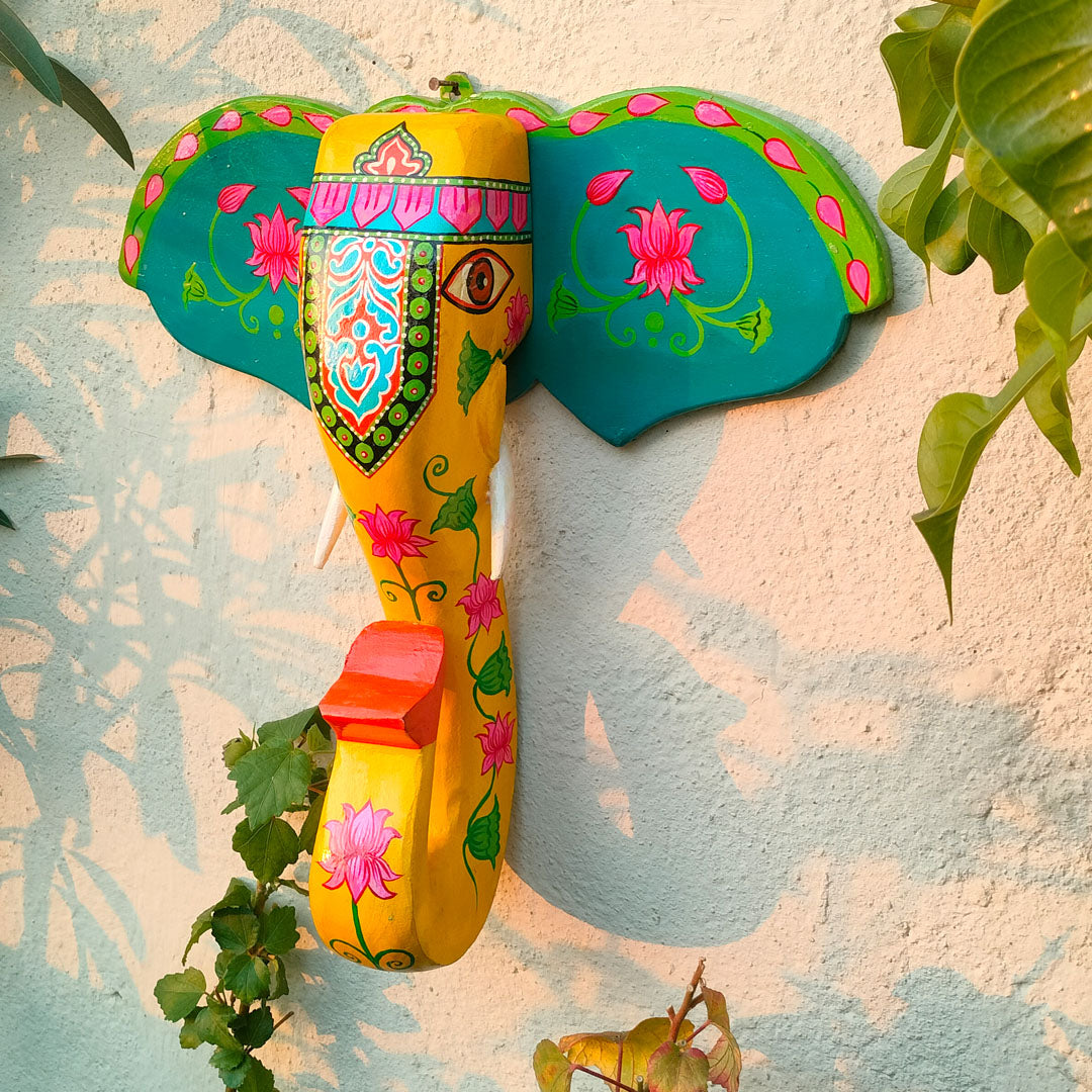 15-Inch Wooden Hand-Carved & Hand-Painted Elephant Head Wall Décor