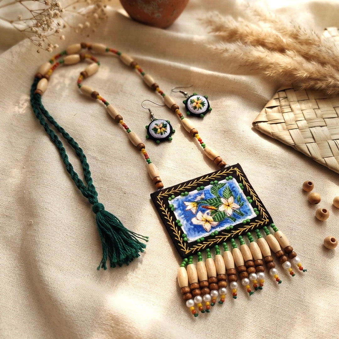 Craftooba Champa — Hand Embroidered Floral Statement Necklace with Matching Studs
