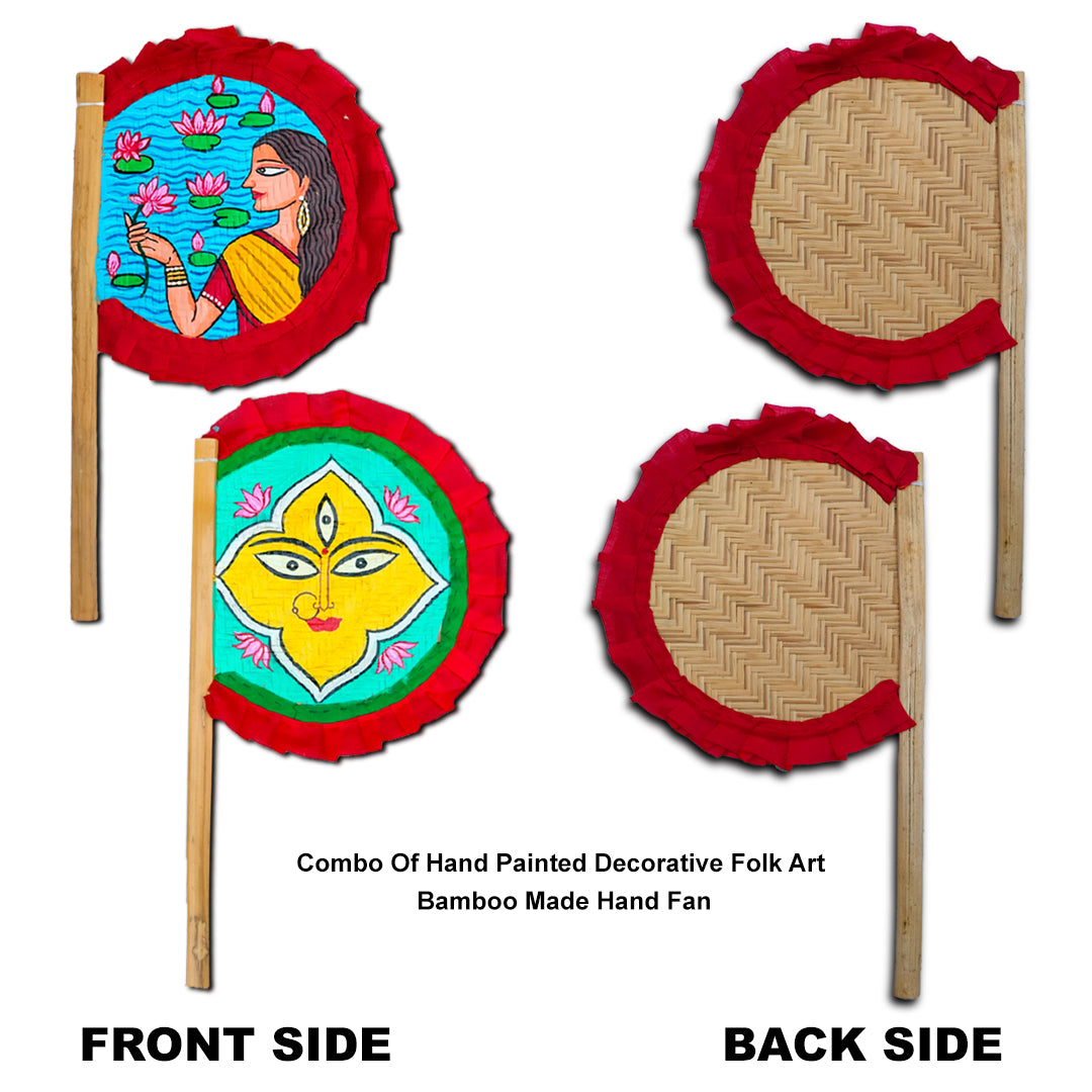 Craftooba Hand Painted Bengali Haat Pakha Set of 2 – Women with Lotus and Godess Durga Folk Art Bamboo Hand Fans for Wedding, Puja & Wall Decor