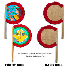 Craftooba Hand Painted Bengali Haat Pakha Set of 2 – Women with Lotus and Godess Durga Folk Art Bamboo Hand Fans for Wedding, Puja & Wall Decor