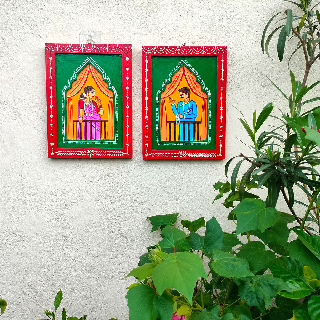 Handmade Traditional Babu Bibi In Balcony Jharokha Painting Set | Folk Art Wall Decor