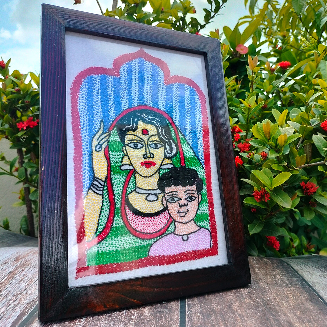 Hand-Embroidered Kantha Art Frame – Mother and Child
