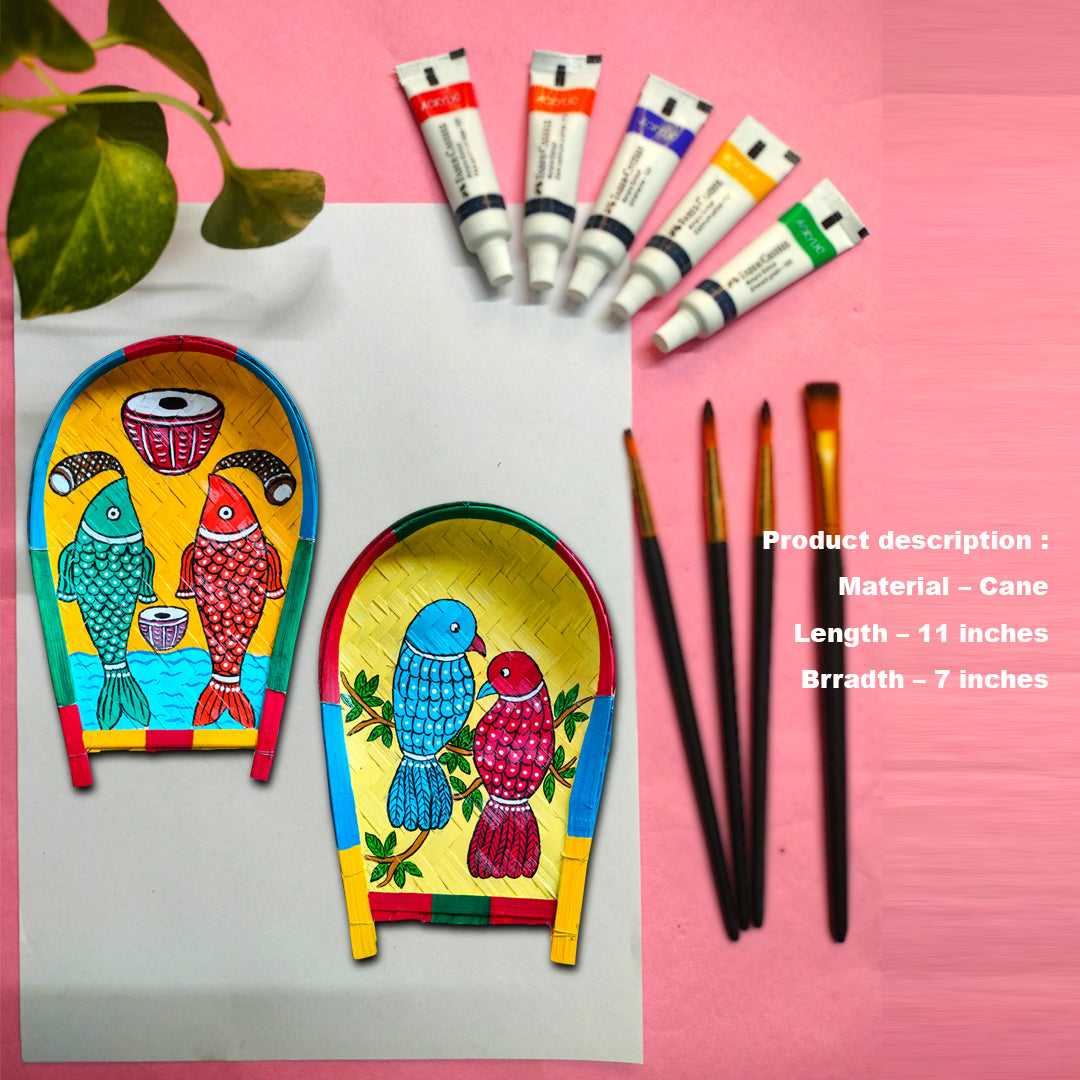 Handpainted and Handcrafted Decorative Folk Art Bamboo Tray Combo (kulo) or Winnowing Clatter for Home Decor & Festival (11inches x 7inches)...
