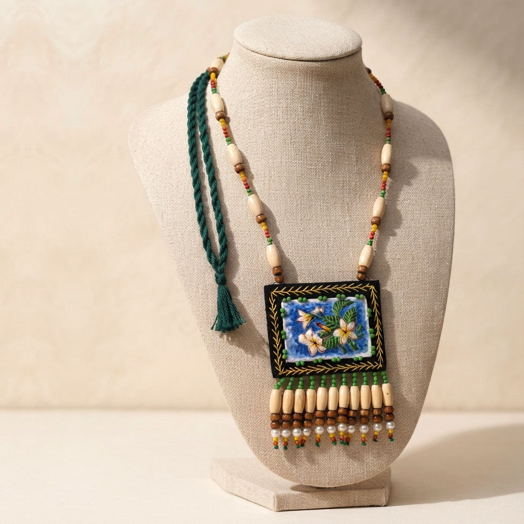Craftooba Champa — Hand Embroidered Floral Statement Necklace with Matching Studs