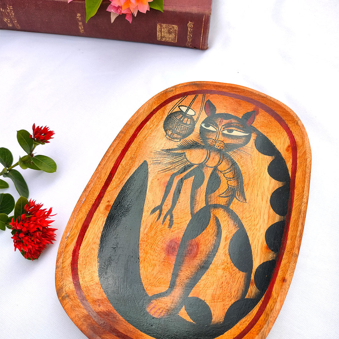 Craftooba A Curious Tale from Kolkata The Cat with The Prawn Handpainted Wooden Tray | Trays | Wooden Tray | Handpainted Trays | Decorative Trays | Serving Tray | Table Top | Decor |