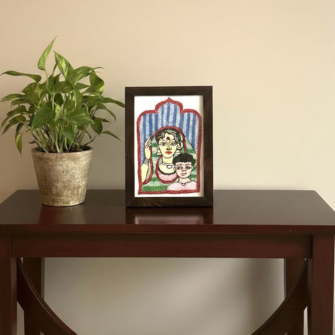 Hand-Embroidered Kantha Art Frame – Mother and Child