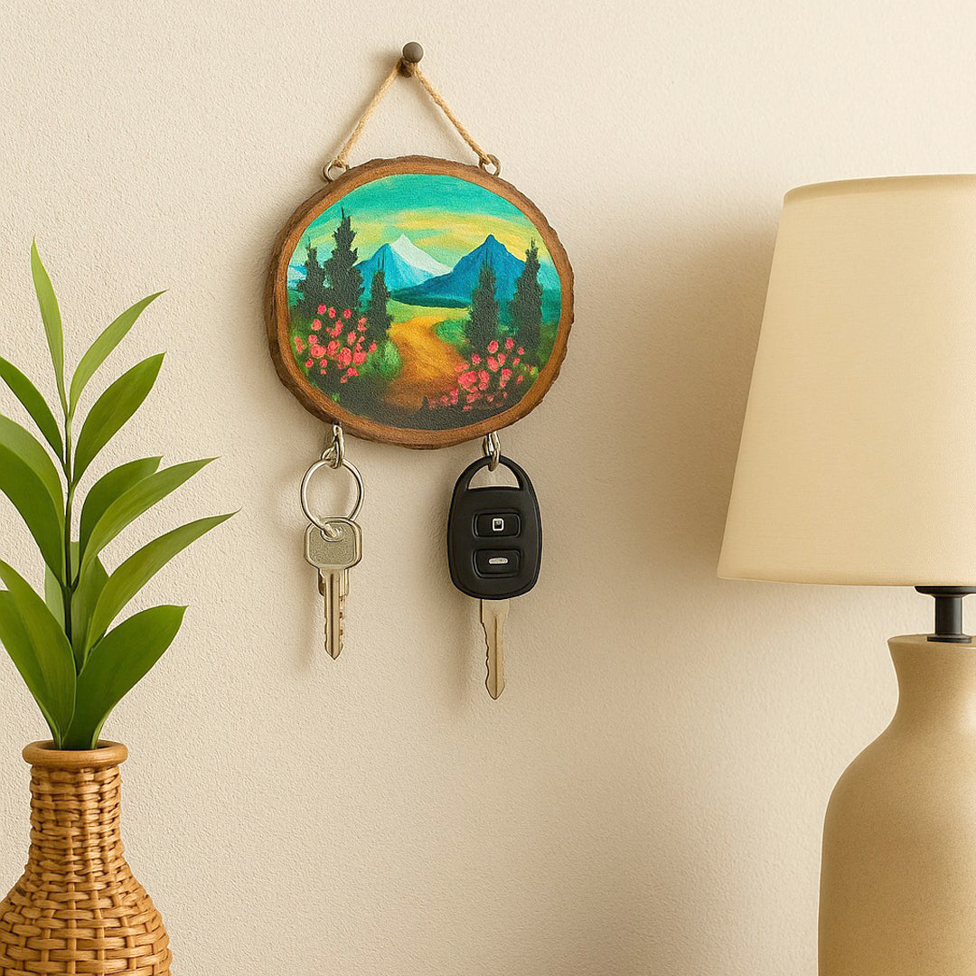 Craftooba Hand-Painted Wooden Key Holder – Scenic Landscape Art on Natural Wood | Wall Mounted | 2 Hooks