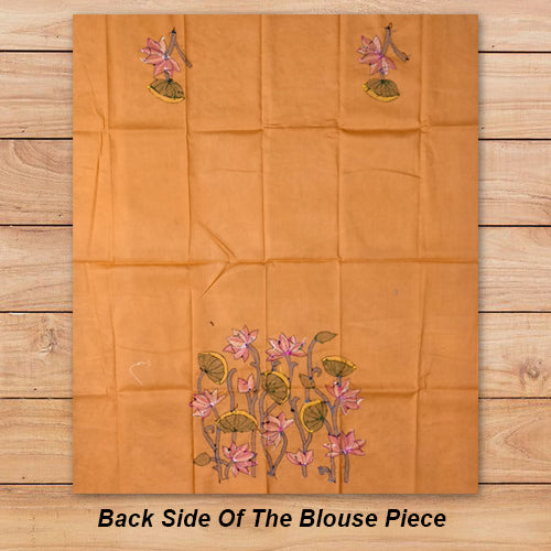 Hand-Embroidered 100% Cotton Blouse Fabric – Peach with Lotus Floral Design | Blouse material | Designer blouse | Kantha hand embroidered blouse piece