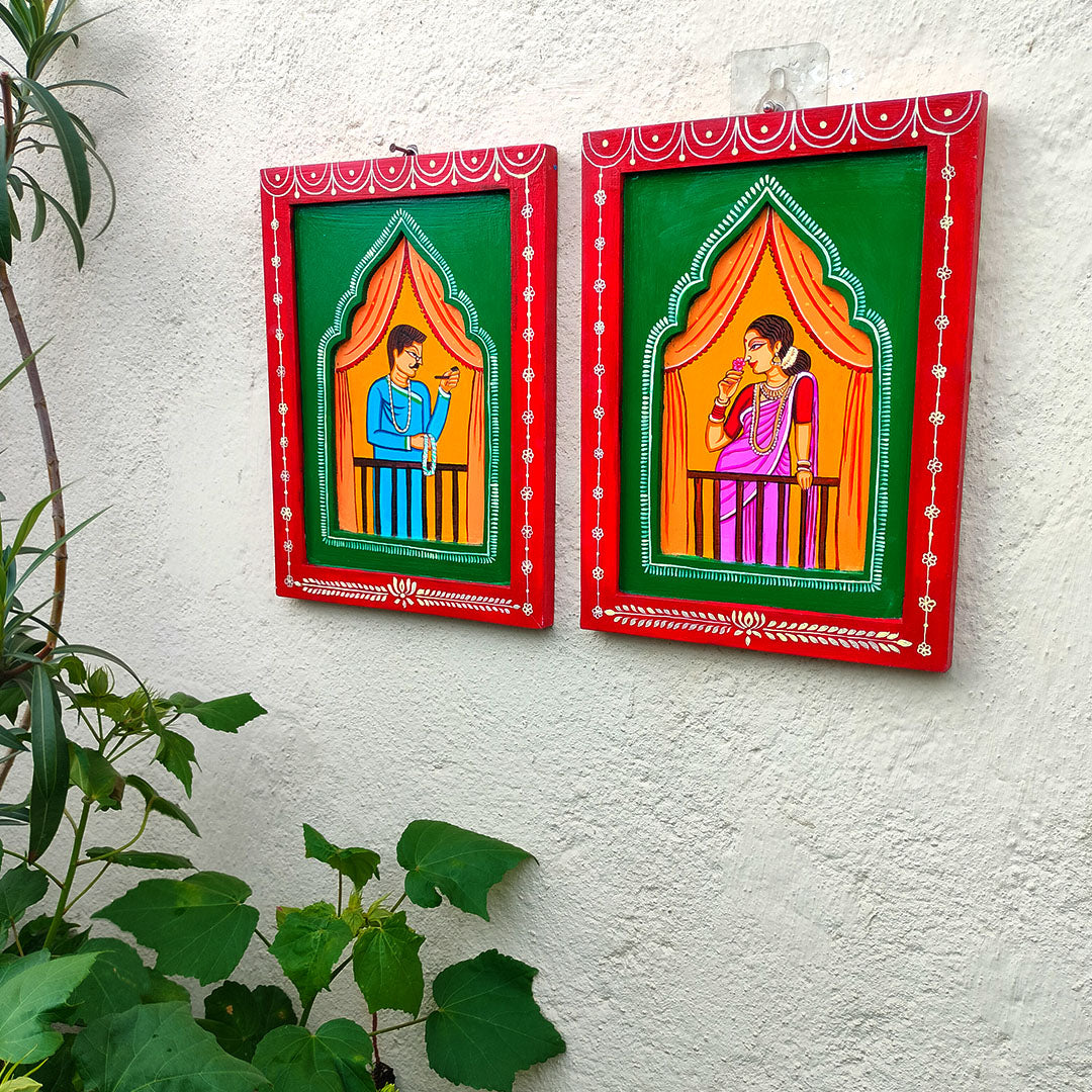 Handmade Traditional Babu Bibi In Balcony Jharokha Painting Set | Folk Art Wall Decor