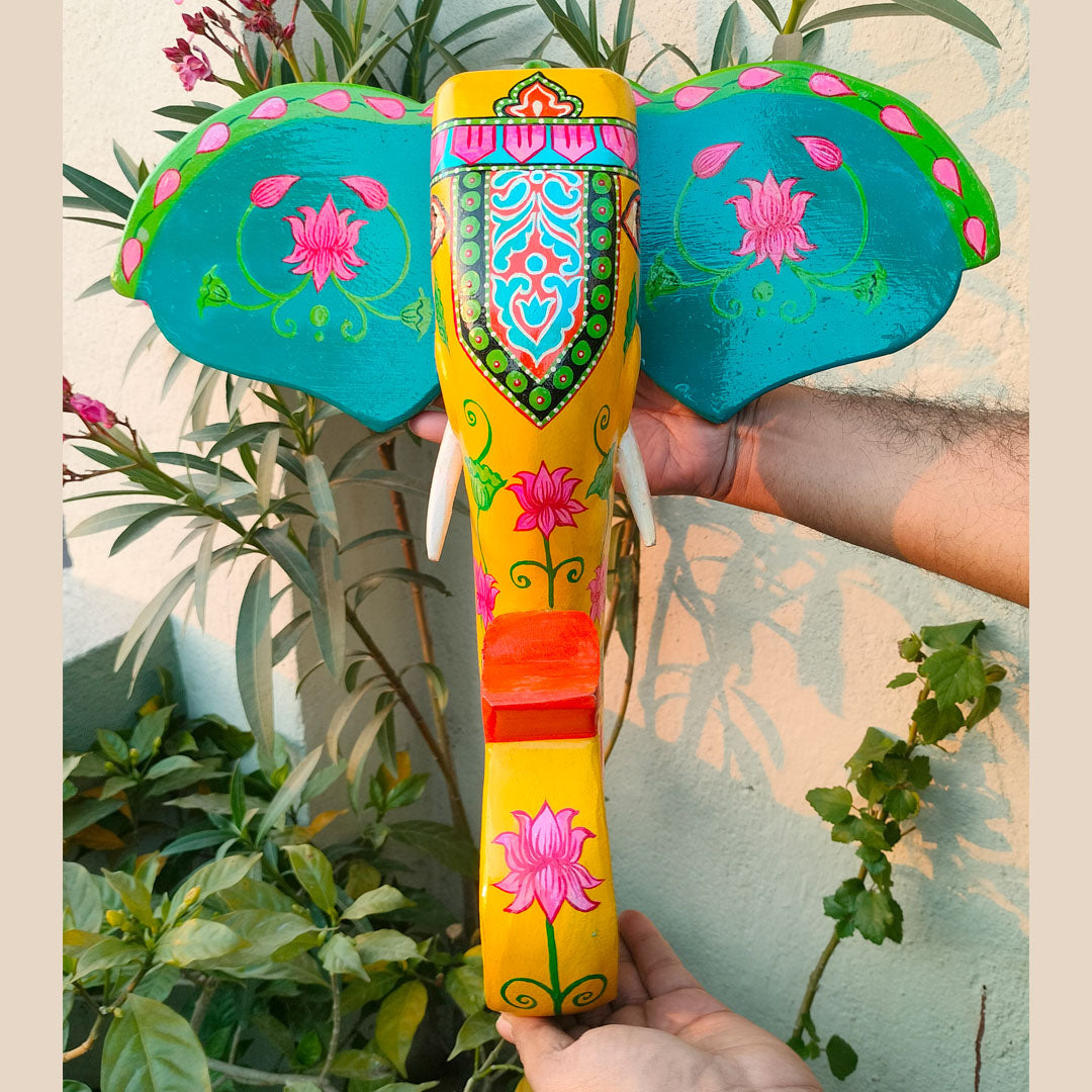 15-Inch Wooden Hand-Carved & Hand-Painted Elephant Head Wall Décor